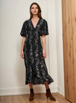 LLC13206_BLACK / IVORY LINEAR FLORAL Florence Dress Dresses