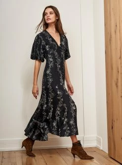 LLC13206_BLACK / IVORY LINEAR FLORAL Florence Dress Dresses