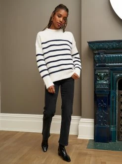 LLC21685_CREAM/NAVY Monogram Striped Toujours Sweater