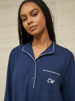 LLC23042_WHITE / NAVY Bonne Nuit Shirt Dress Monogram