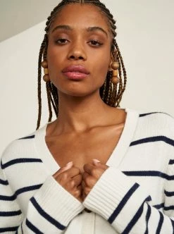 LLC21587_CREAM/NAVY Knitwear Block Stripe Cardigan