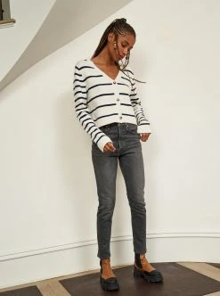 LLC21587_CREAM/NAVY Knitwear Block Stripe Cardigan
