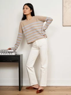 LLC21310_TAN/PALE BLUE Mini Striped Toujours Sweater