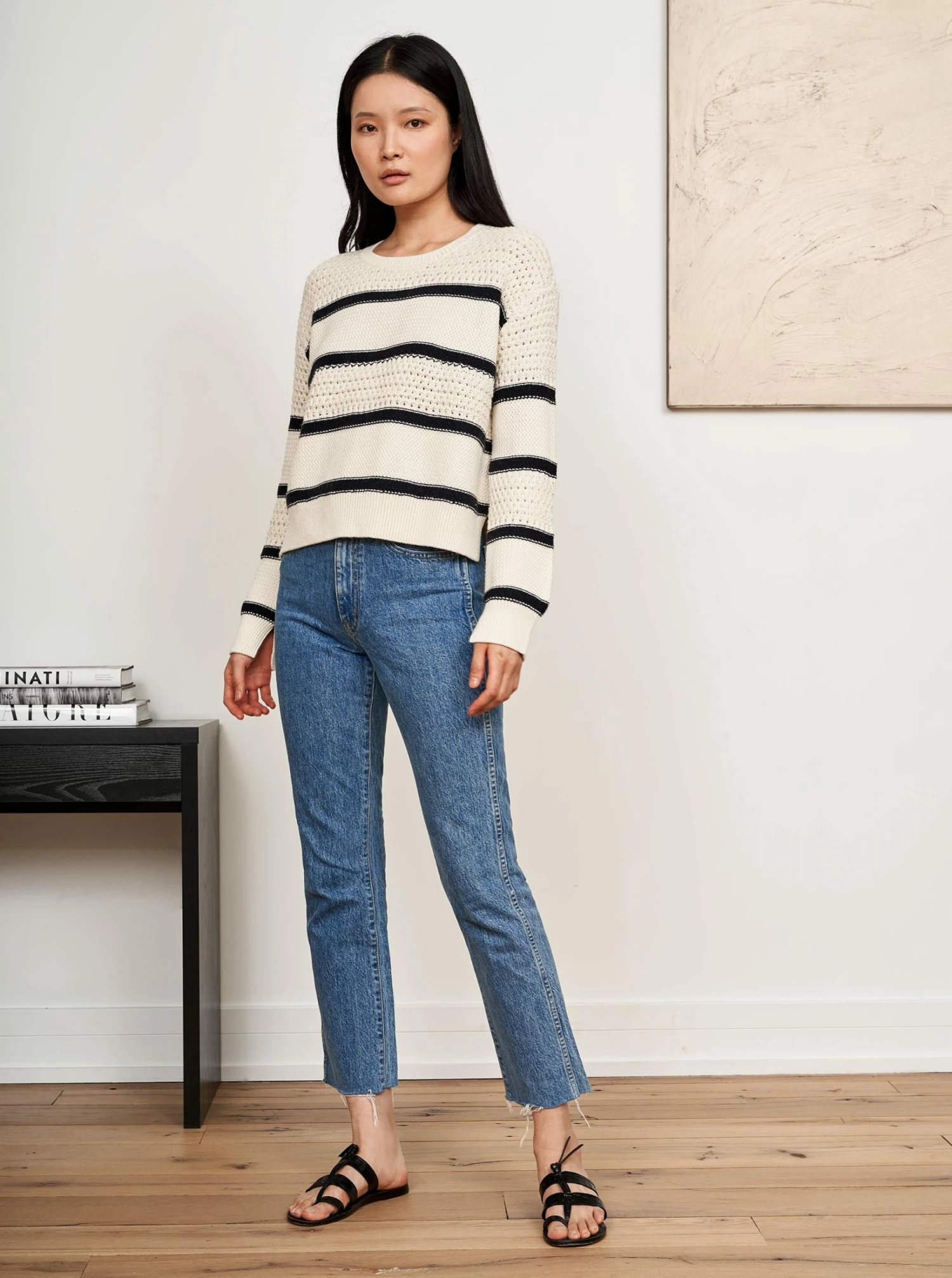 LLC21546_CREAM/NAVY Texture Stripe Sweater Knitwear 3 LLC21546_CREAM/NAVY Texture Stripe Sweater Knitwear
