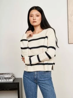 LLC21546_CREAM/NAVY Texture Stripe Sweater Knitwear