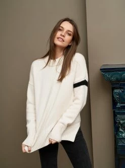 LLC21058_CREAM/BLACK Knitwear Varsity Sweater