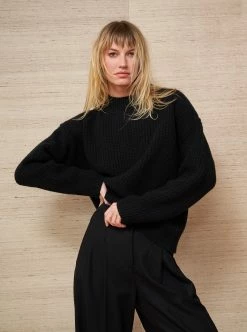 LLC21626_BLACK Monogram Waffle Sweater