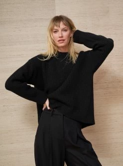 LLC21626_BLACK Monogram Waffle Sweater