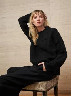 LLC21626_BLACK Monogram Waffle Sweater